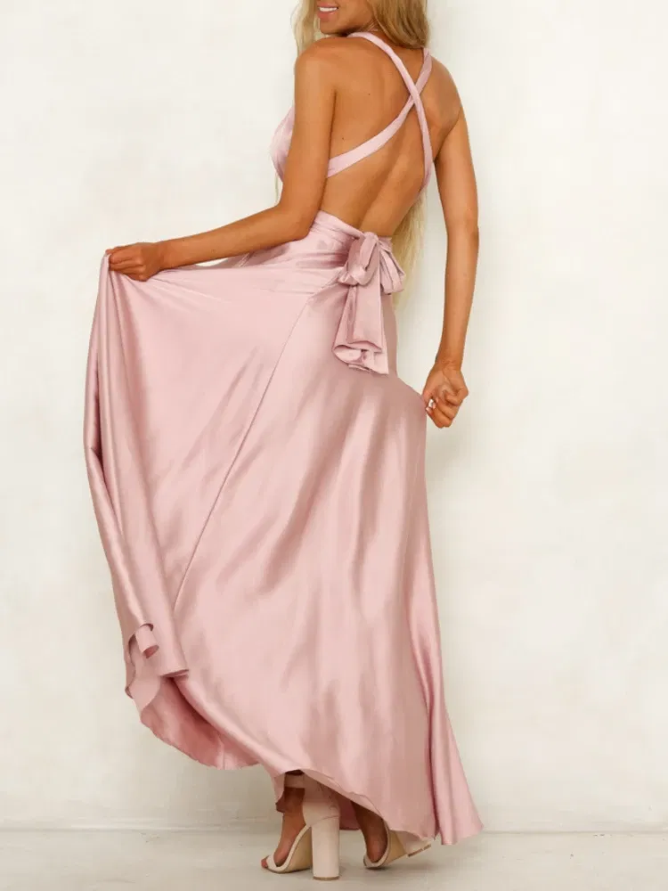 Color: Pink, Size: M - Summer New Women's Long Dress Fashion Temperament Solid Color Bandage V-neck Sexy Women's Backless High-waisted Swing Dress