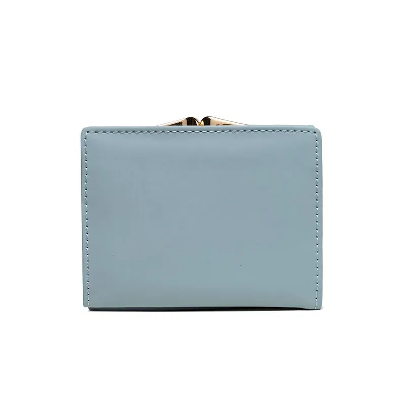 Color: Blue - 024 Women's summer new women's short wallet Japan and South Korea PU leather hardware buckle three fold bag high texture multi-c