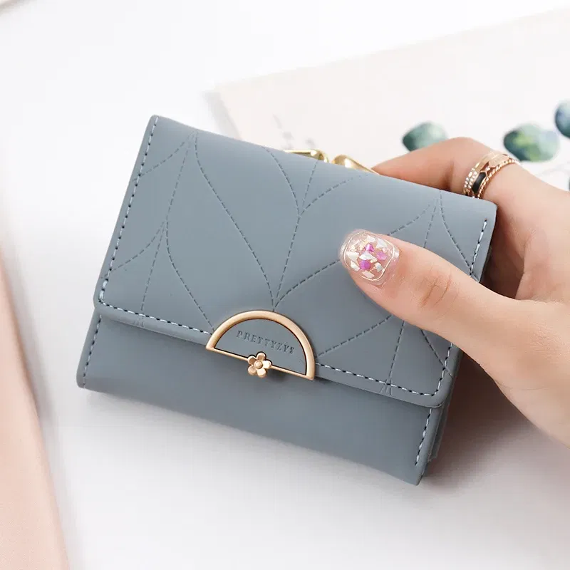 Color: Blue - 024 Women's summer new women's short wallet Japan and South Korea PU leather hardware buckle three fold bag high texture multi-c
