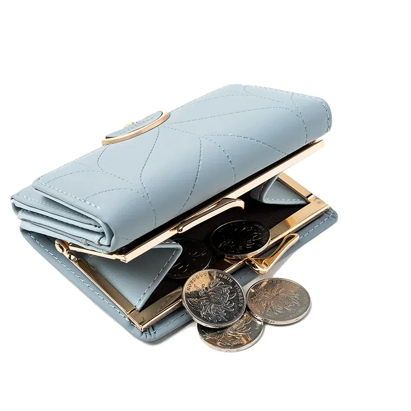Color: Blue - 024 Women's summer new women's short wallet Japan and South Korea PU leather hardware buckle three fold bag high texture multi-c