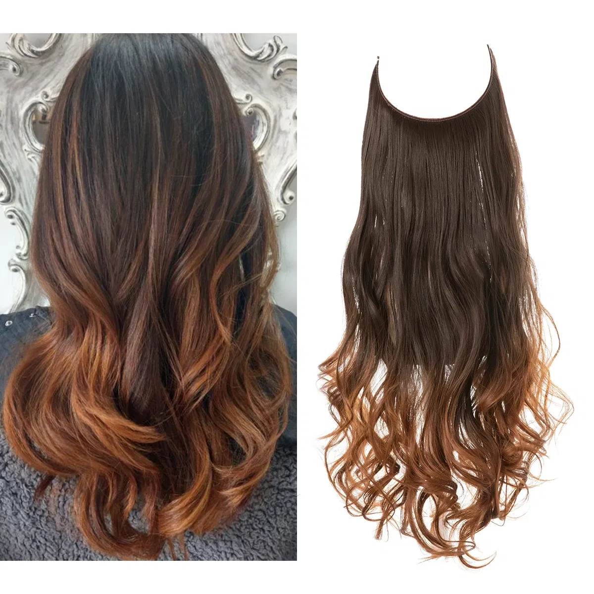 Color: #35, Stretched Length: 22INCHES - Synthetic No Clip Wave Hair Extensions Ombre Natural Black Blonde Pink One Piece False Hairpiece Fish Line Fake Hair Piece