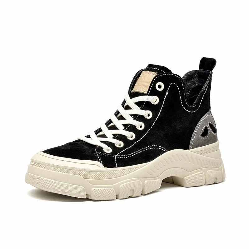 Color: black, Shoe Size: 9.5 - BeauToday Casual Sneakers Women Suede Leather Round Toe Lace-Free High Top Ladies Retro Fashion Flat Shoes Handmade 29575