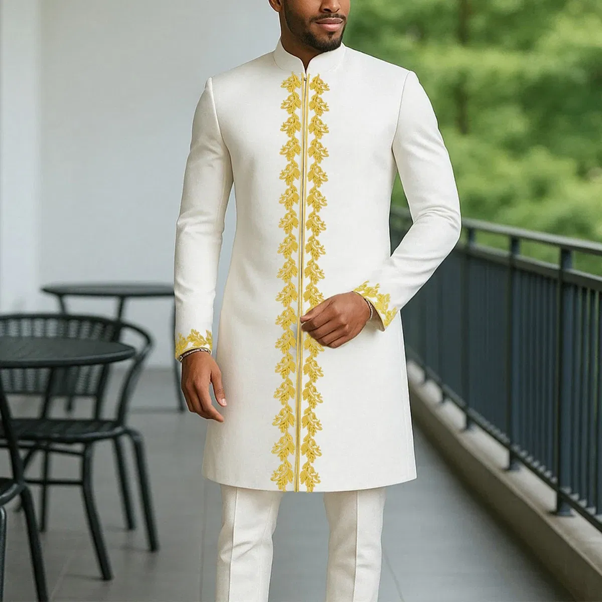 Color: Brown, Size: S - 2025 New men's suit, white pocket, 2-piece set, luxury wedding casual suit, traditional African style of ethnic minorities