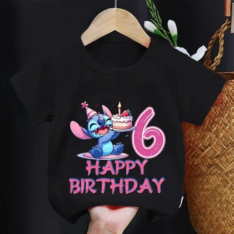 Color: Brown, Kid Size: 24M - Lilo Stitch Children T-shirt Birthday 3-10 Years Boy Girl Clothing Summer Cartoon Print Tshirt Short Sleeve Cotton Top Baby Tee