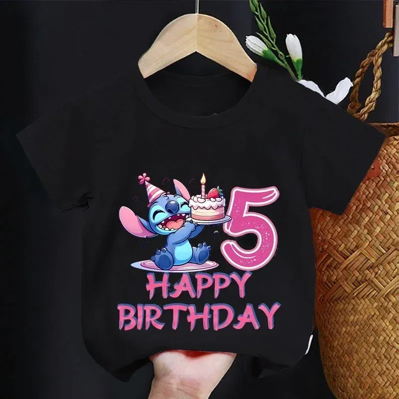 Color: Brown, Kid Size: 24M - Lilo Stitch Children T-shirt Birthday 3-10 Years Boy Girl Clothing Summer Cartoon Print Tshirt Short Sleeve Cotton Top Baby Tee