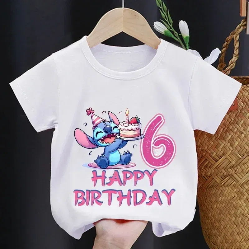 Color: Brown, Kid Size: 24M - Lilo Stitch Children T-shirt Birthday 3-10 Years Boy Girl Clothing Summer Cartoon Print Tshirt Short Sleeve Cotton Top Baby Tee
