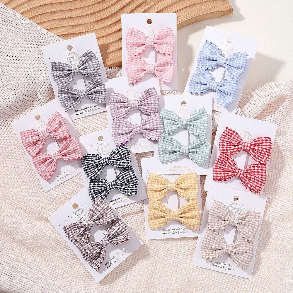 Color: Dark Grey - 2Pcs/Set Solid Color Kids Bows Hair Clips for Baby Girls Handmade Plaid Bowknot Hairpin Barrettes Photograph Hair Accessories