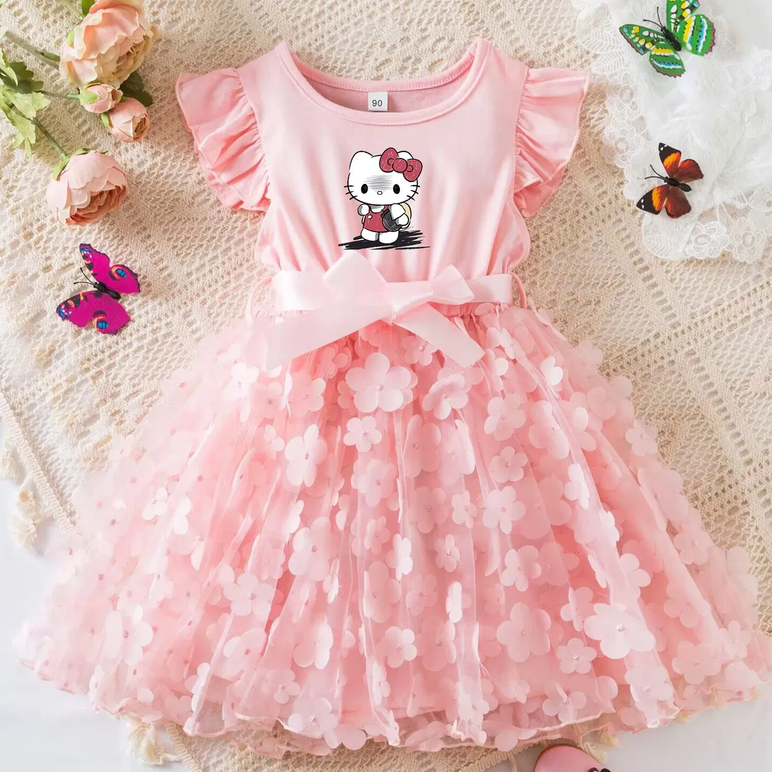 Color: Brown, Size: L - Hello Kitty Summer Dress for Kid's Casual Clothes 3D Butterfly Cute Baby Girls Princess Dress Party Dresses 2-6 Yrs