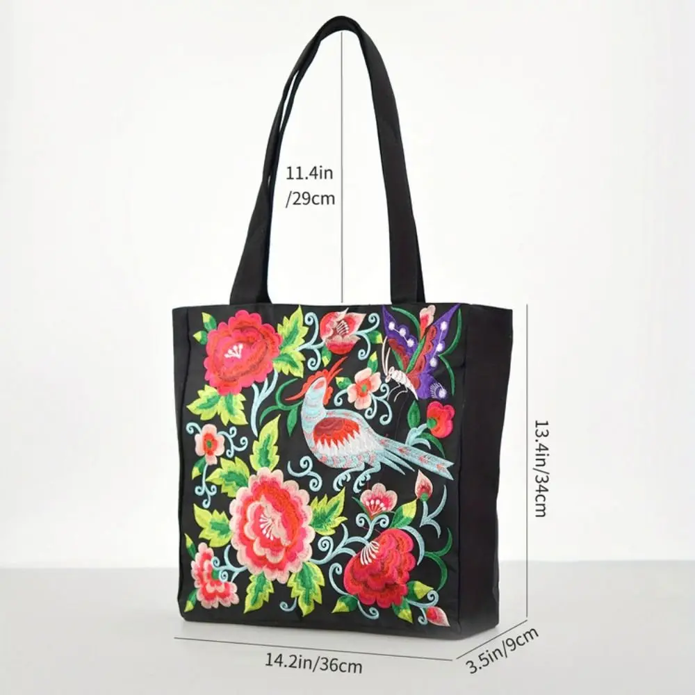 Color: Dark Grey - Ethnic Style Women Shoulder Bag Casual Canvas Large Capacity Embroidered Tote Bag Handbag Colorful Shopping Bag