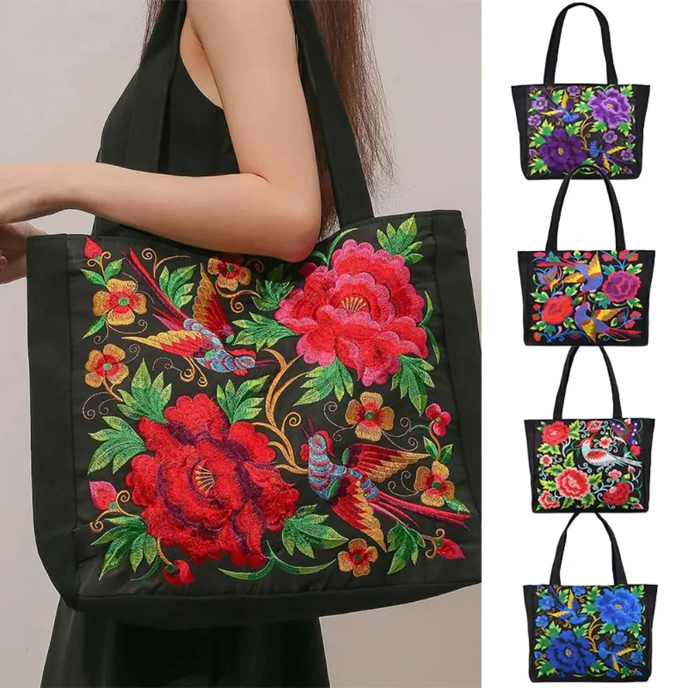 Color: Dark Grey - Ethnic Style Women Shoulder Bag Casual Canvas Large Capacity Embroidered Tote Bag Handbag Colorful Shopping Bag