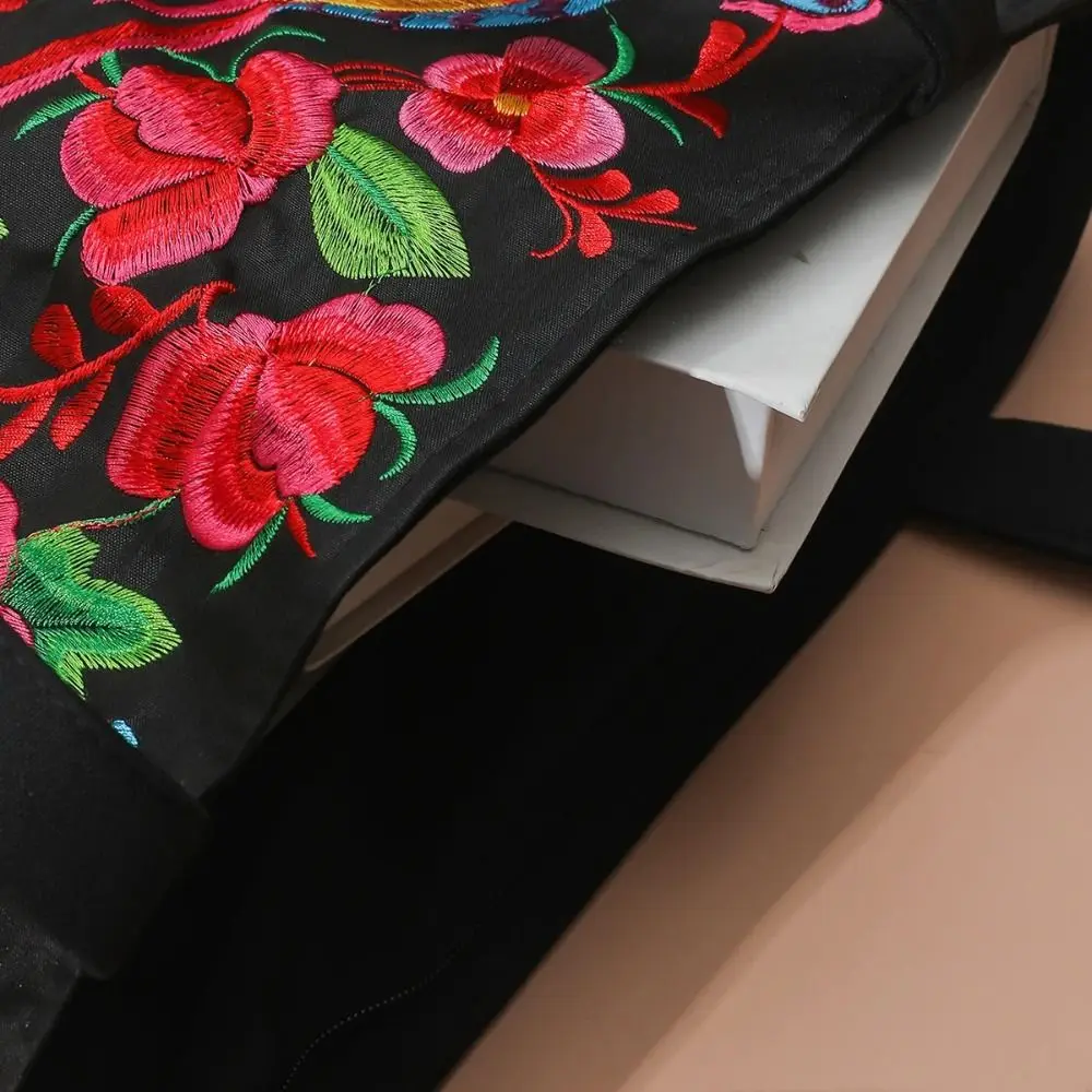 Color: Dark Grey - Ethnic Style Women Shoulder Bag Casual Canvas Large Capacity Embroidered Tote Bag Handbag Colorful Shopping Bag