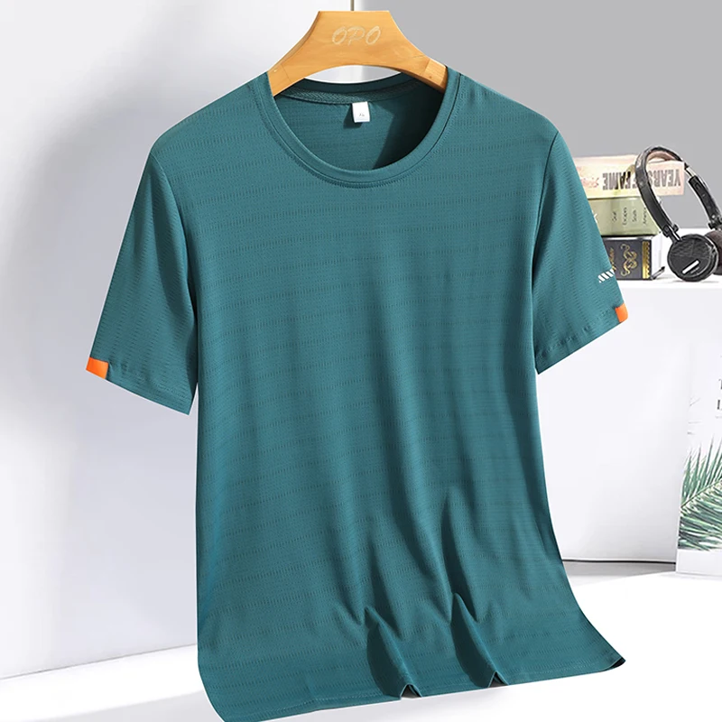 Color: Brown, Size: 5XL - Men's Silk Ice Round Collar T-shirt, Simple Running Fitness Suit, Breathable Thin T-shirt, Quick Dry T-shirt, Summer