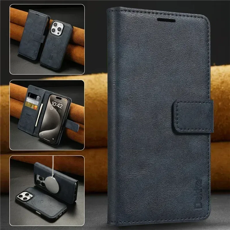 Color: Blue, Material: Wood - 2 in 1 MagSafe Wallet Case for IPhone 16 Promax 15 Plus 14 Pro Max 13 12 Iphone16 Magnetic Wireless Charging Phone Cover