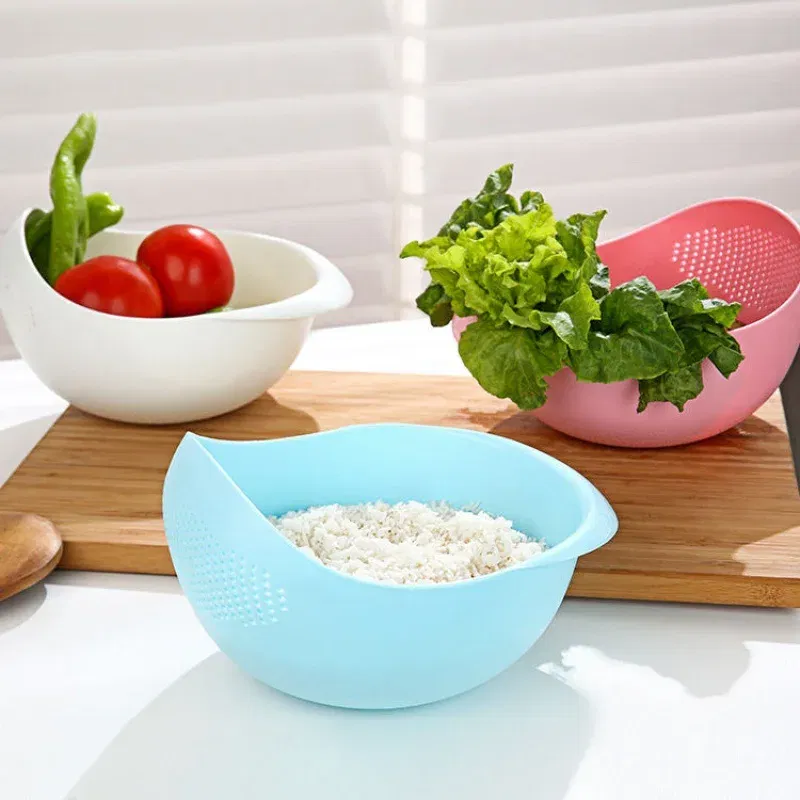 Color: Blue - Rice Sieve Plastic Colander Kitchen Drain Basket with Handles Rice Bowl Strainer Strainer Basket Sink Drain Kitchen Tools