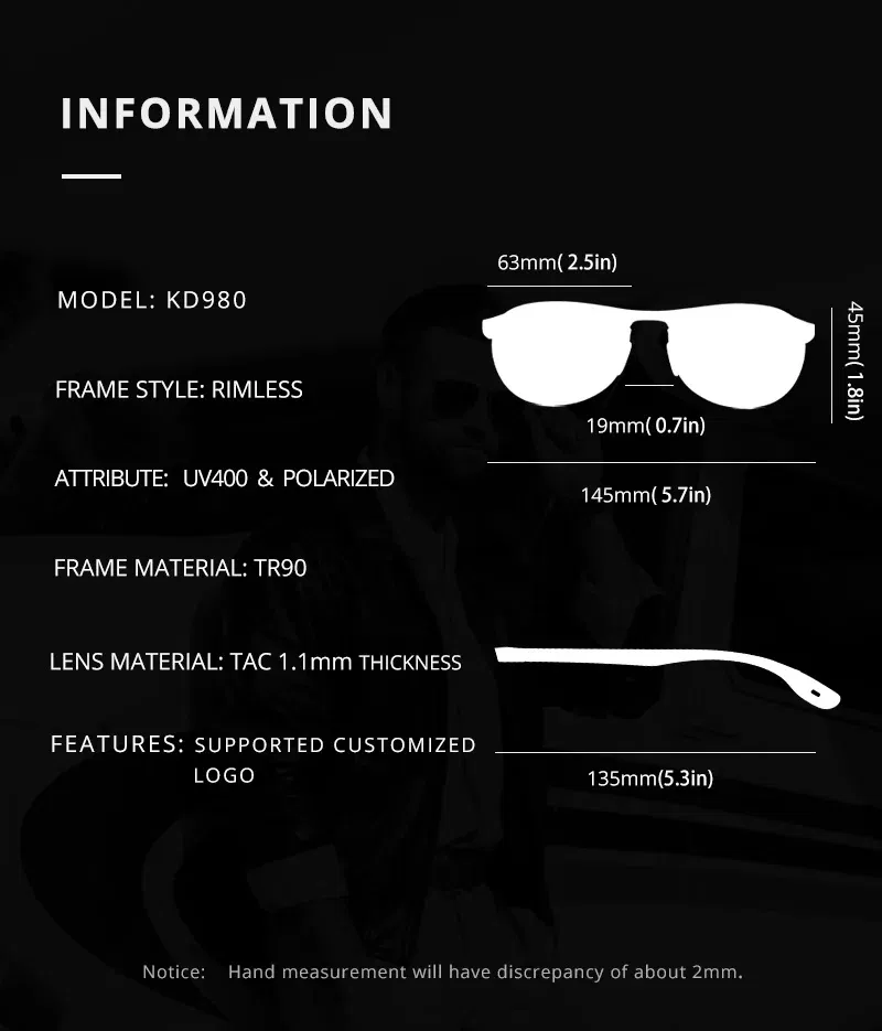 Lenses Color: green - KDEAM Rimless Oval Men's Sunglasses Polarized TR90 Material Frame TAC Polarization Lense Soft Rubber Foot Cover