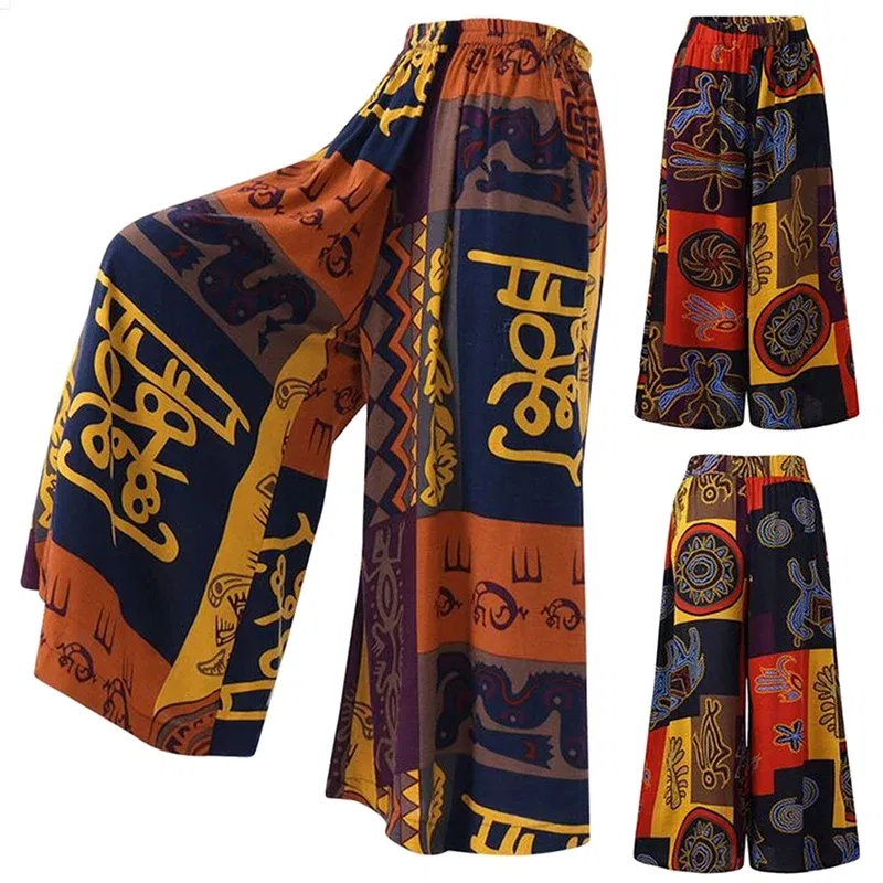 Color: Orange, Size: XXXL - Ethnic Style Wide Leg Trousers Women Yoga Harem Pants Gypsy Hippie Thai Boho Court Pants Ruched Waist Aladdin Women's Pants