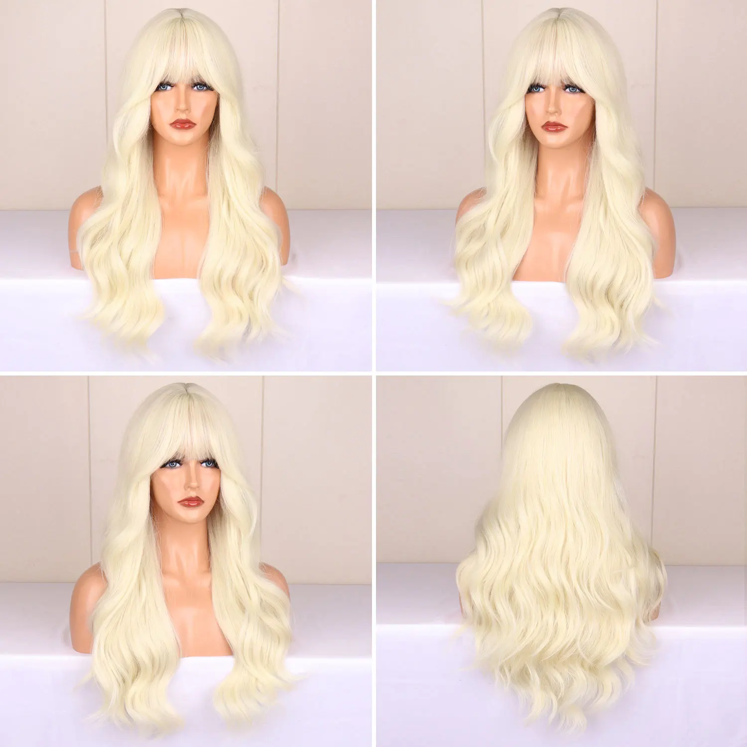 Color: T1B/Green - Blonde synthetic wig with straight bangs Ladies Cosplay wig High temperature silk wig set with big waves and long curly hair