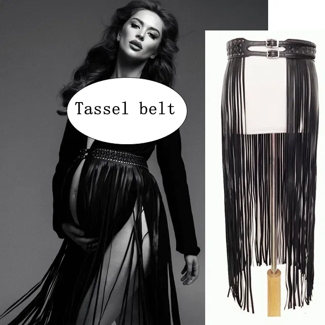 Color: WHITE, Maternity Size: L - Black Women's Suit Pregnancy Photoshoot Clothes Chic Outerwear Long Tassel Buckle Waist Belt Blazer Maternity Photography Outfit