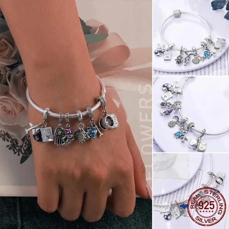 Gem Color: Clear, Length: 19cm - Original 925 Sterling Silver Bracelet Star Heart Clasp Snake Chain Rose Gold DIY Beads Charms Bracelets For Women Luxury Jewelry