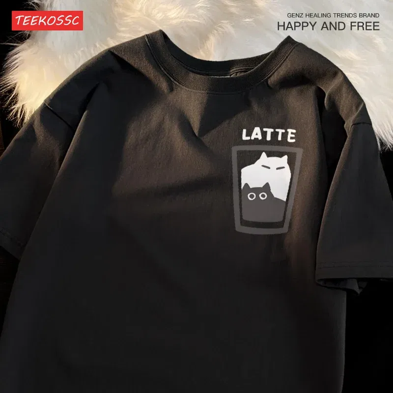 Color: camel, Size: XXXL - Mocha Latte Couple Outfit Cat Coffee Couple Male T-Shirts Graphic Cool Tee Shirt High-Quality Oversized Tshirt Comfort Soft
