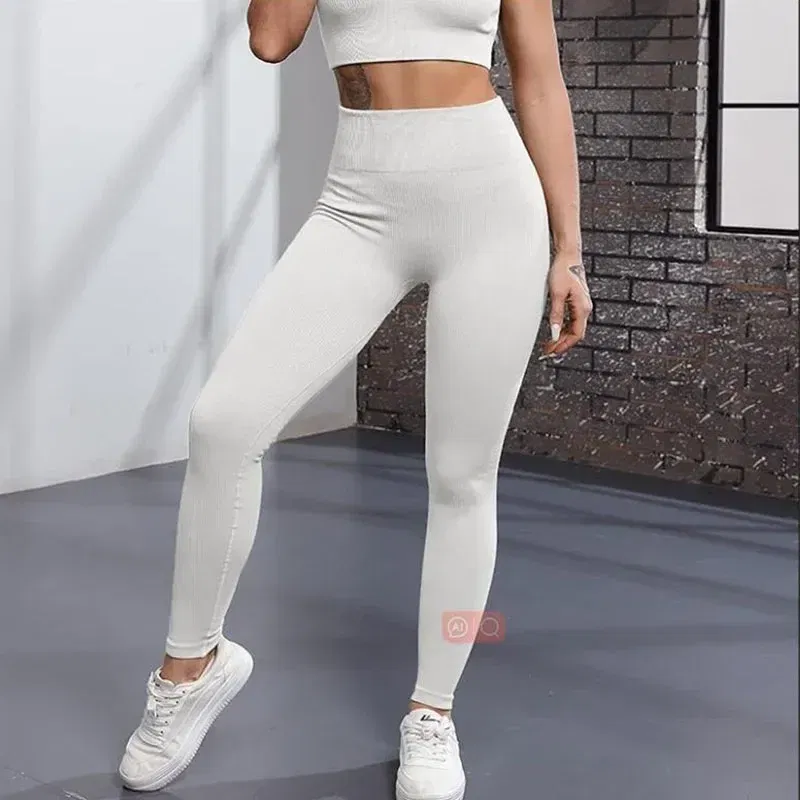 Color: Silver, Size: S - Seamless Knit Yoga Leggings Women Thread Solid Tights Gym Workout Running Stretchy High Waist Hip Liftting Skinny Gym Leggings