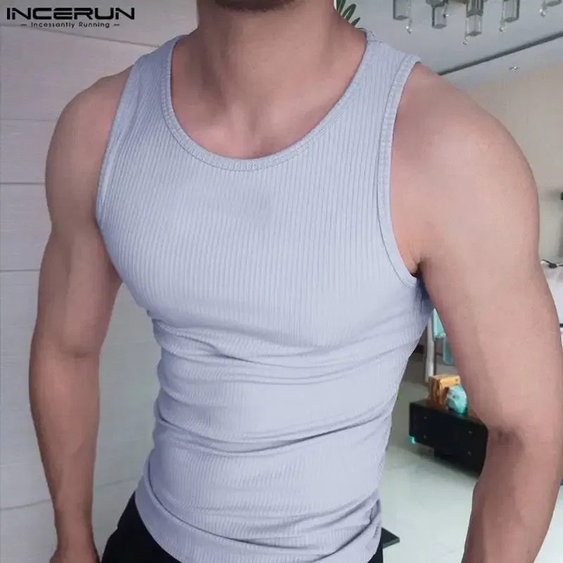 Color: WHITE, Size: 5XL - INCERUN Men Tank Tops Solid Color O-neck Sleeveless Streetwear Summer Casual Vests Skinny 2023 Fashion Leisure Men Clothing 5XL