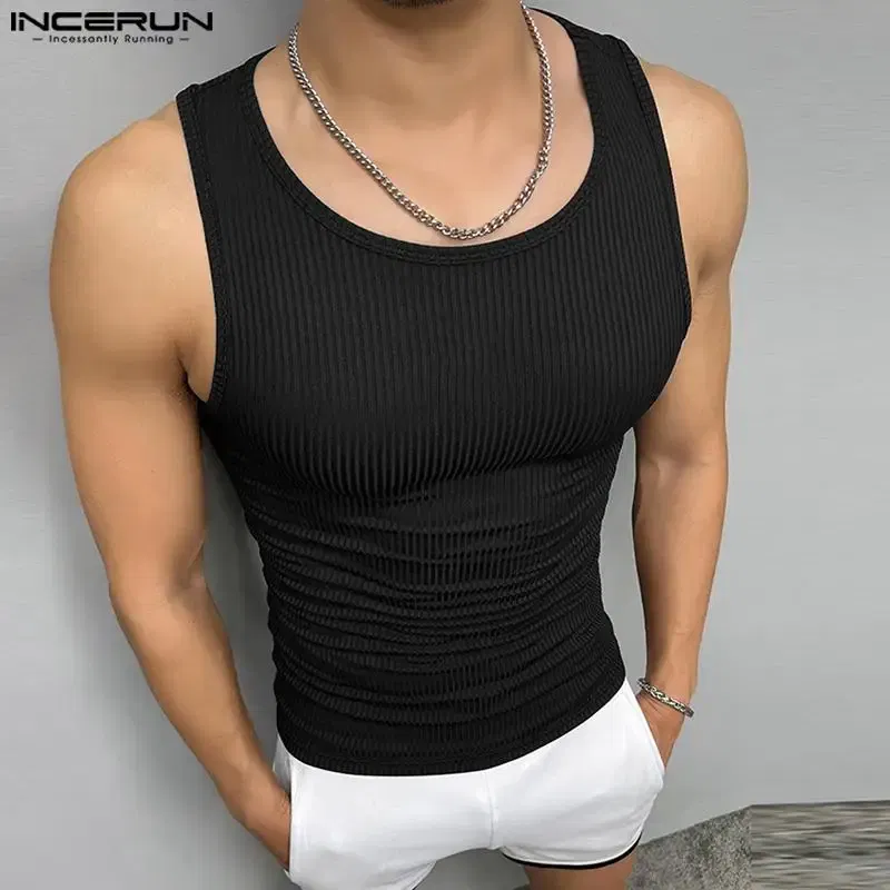 Color: WHITE, Size: 5XL - INCERUN Men Tank Tops Solid Color O-neck Sleeveless Streetwear Summer Casual Vests Skinny 2023 Fashion Leisure Men Clothing 5XL