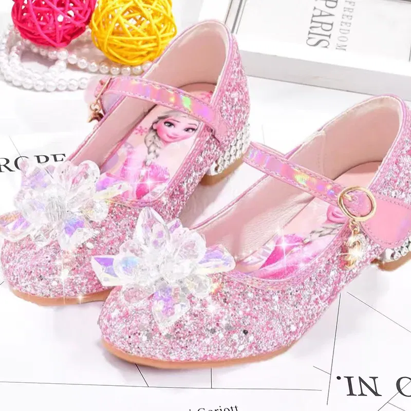 Color: Pink, Shoe Size: 35 - Disney Princess Elsa Leather Shoes Girls' High Heels Shoes Fashion Girls' Crystal Shiny Children's Blue Pink Shoes Size 26-35