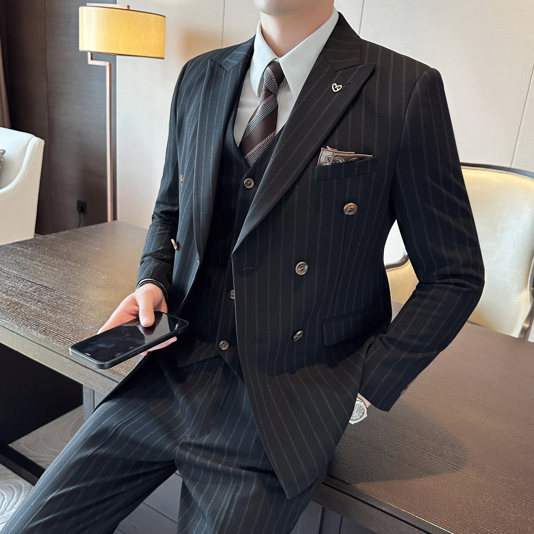 Color: black, Size: 5XL - 2025 Korean-Style British High-Quality Autumn Winter Three-Piece Suit Set Fashionable Cool Versatile Striped Men's Clothing