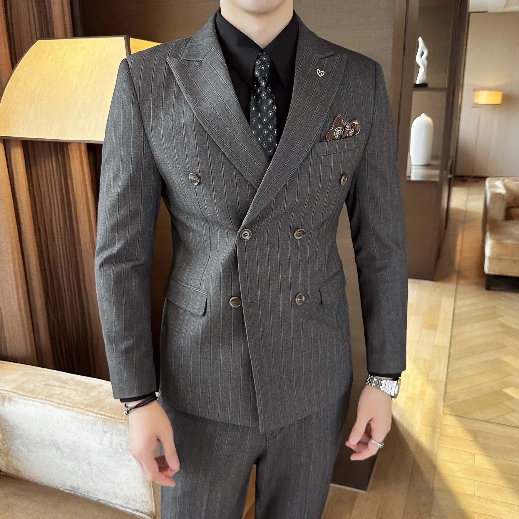 Color: black, Size: 5XL - 2025 Korean-Style British High-Quality Autumn Winter Three-Piece Suit Set Fashionable Cool Versatile Striped Men's Clothing