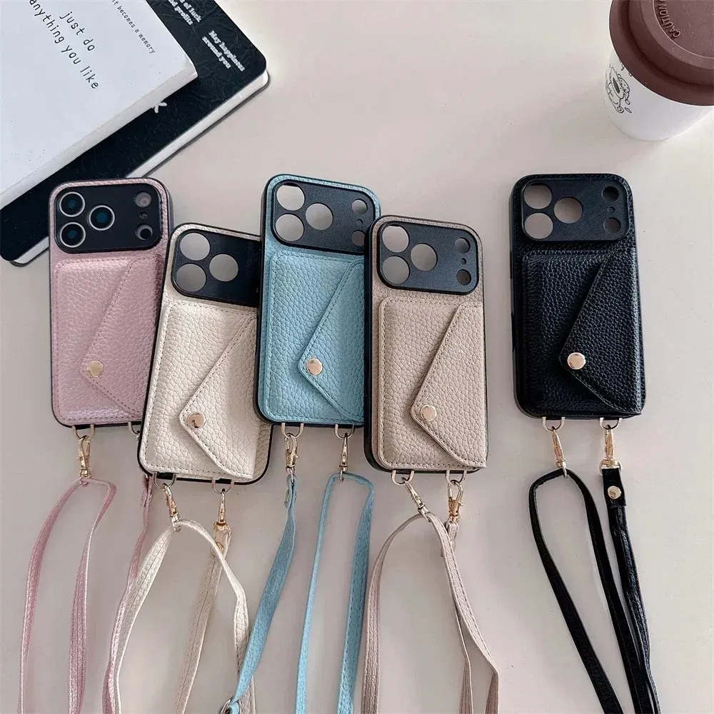 Material: Vinyl, Color: Beige - Crossbody wallet card holder phone case For iPhone 17Air 16, 15, 14, 13, 12, 11 Pro Max, XR with lanyard protective cover