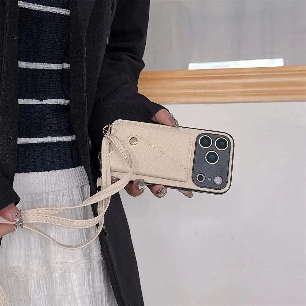 Material: Vinyl, Color: Beige - Crossbody wallet card holder phone case For iPhone 17Air 16, 15, 14, 13, 12, 11 Pro Max, XR with lanyard protective cover