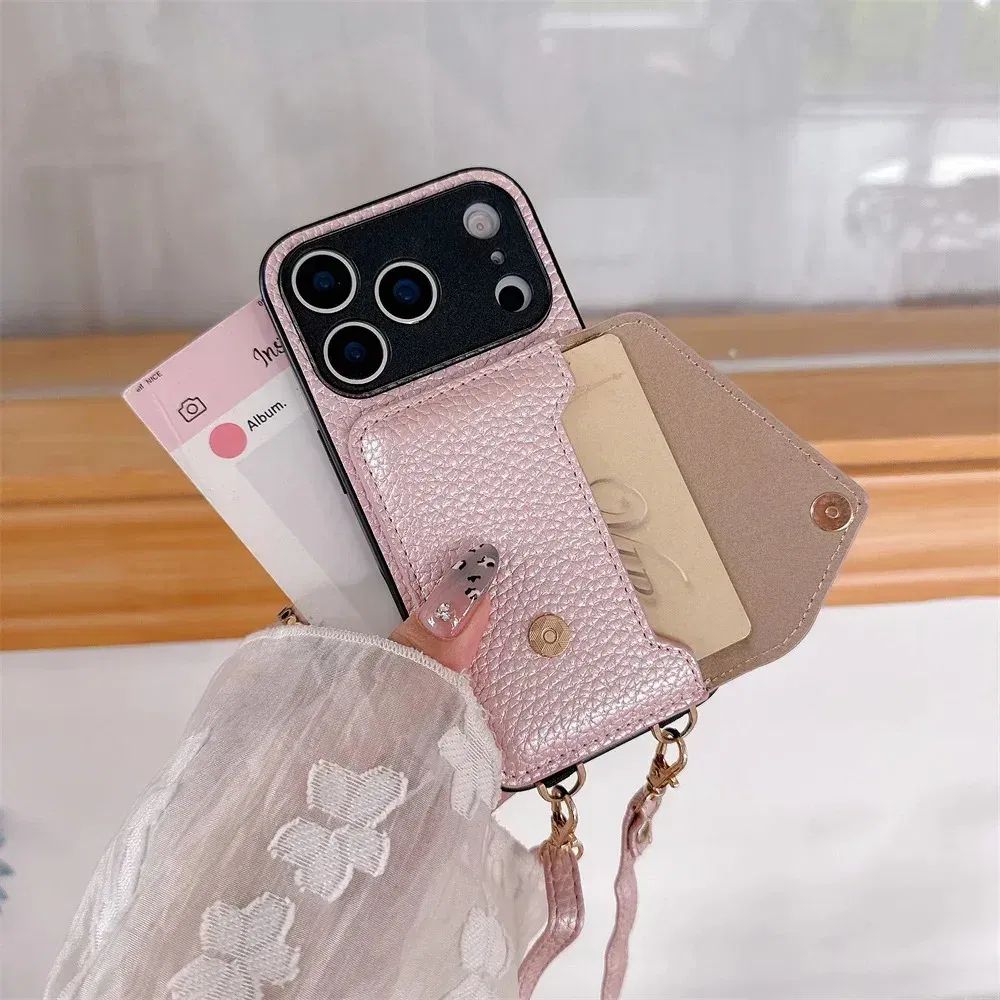 Material: Vinyl, Color: Beige - Crossbody wallet card holder phone case For iPhone 17Air 16, 15, 14, 13, 12, 11 Pro Max, XR with lanyard protective cover