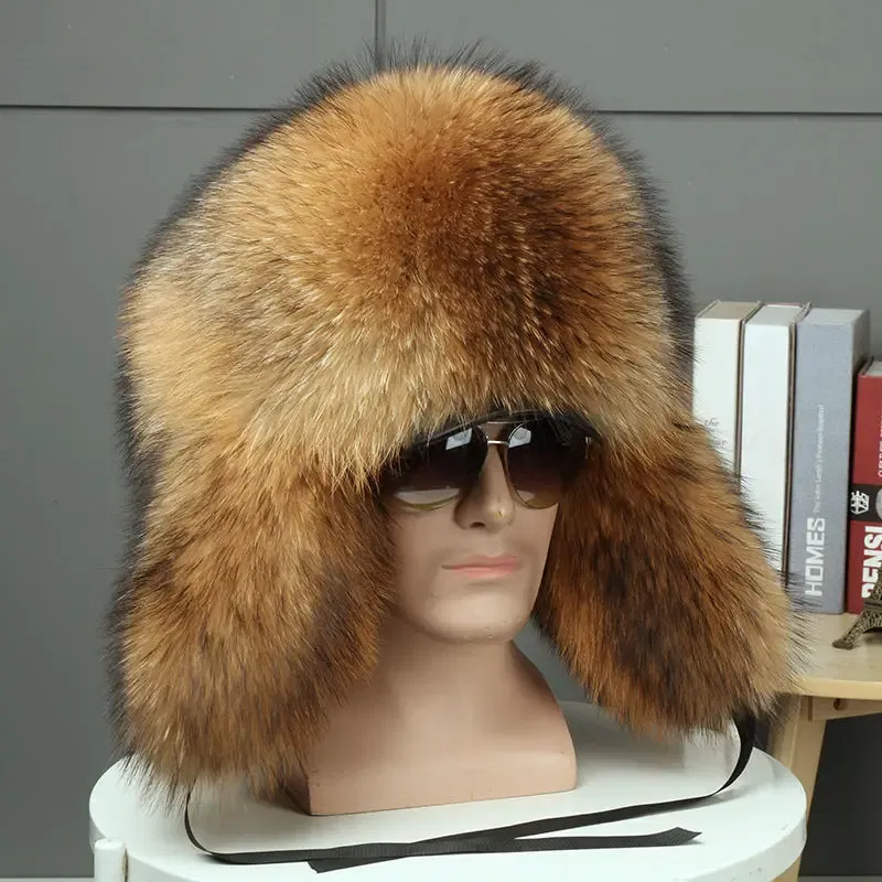Color: black, Hat Size: One Size - Real Fur 100% Fox Skin Russian Businessmen Pilot Bombers Full Mao Men's hat Ushanka Winter Ear Guard Hat Raccoon Fur Beanie hat