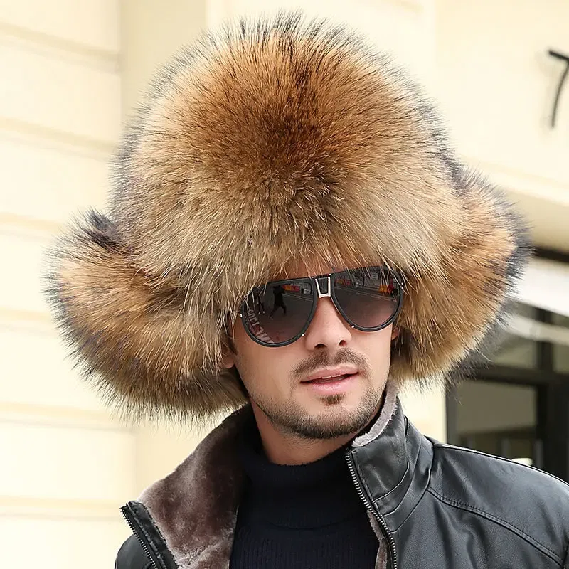 Color: black, Hat Size: One Size - Real Fur 100% Fox Skin Russian Businessmen Pilot Bombers Full Mao Men's hat Ushanka Winter Ear Guard Hat Raccoon Fur Beanie hat
