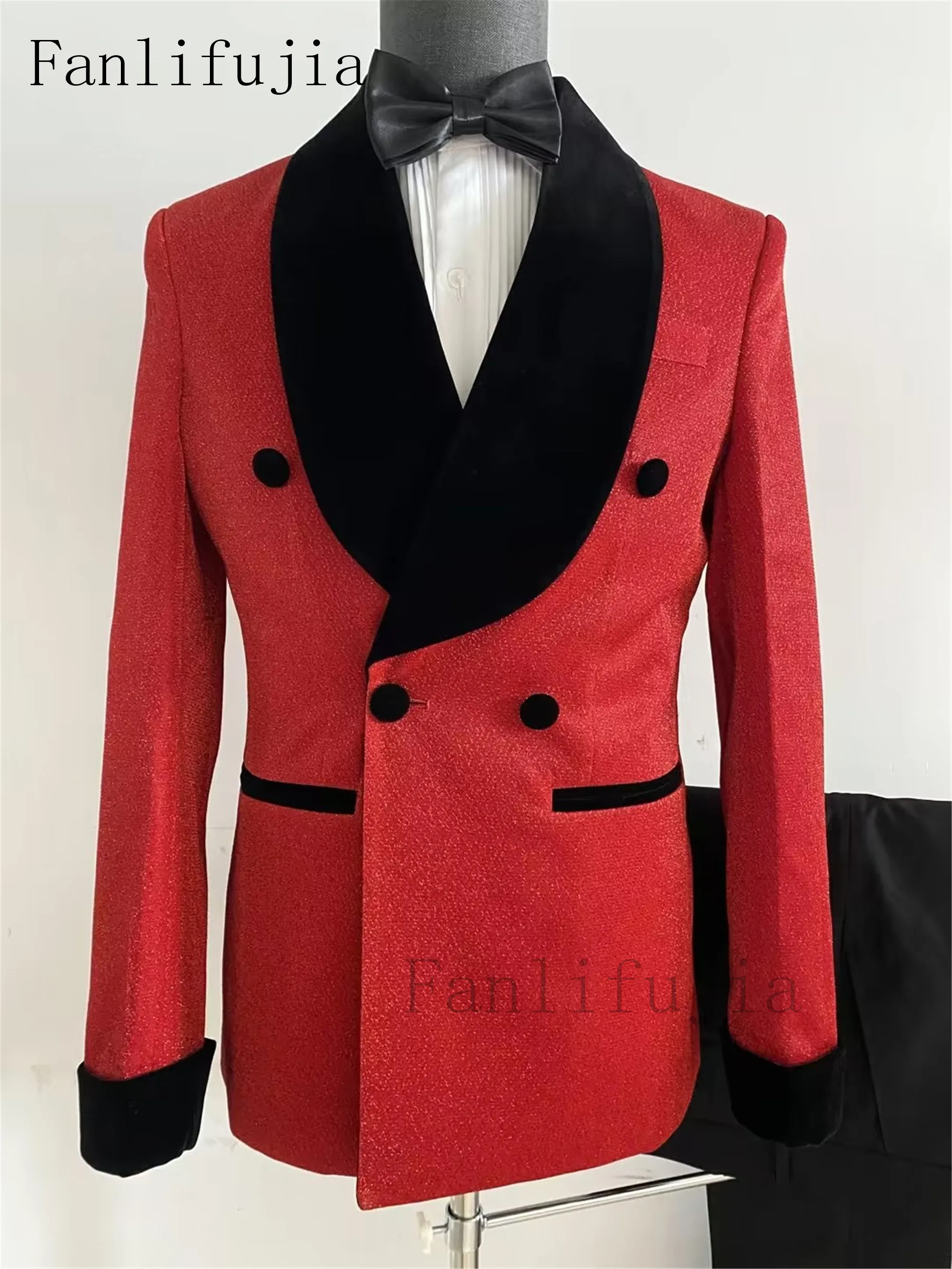 Color: Gold, Size: L - Fanlifujia Luxury Red Glitter Suits Men Groom Wedding Tuxedo Double Breasted Blazer Formal Evening Party Prom Dress 2 Pieces Set