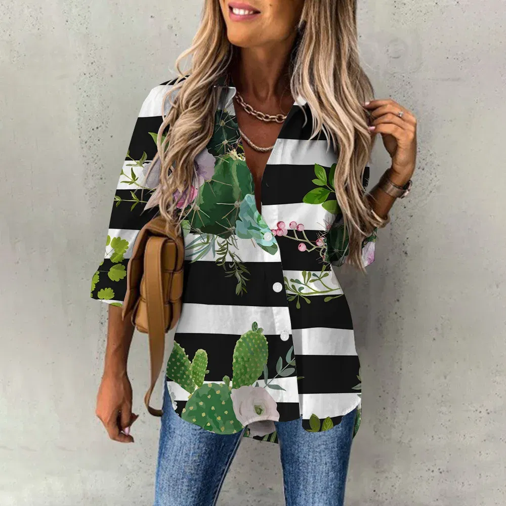Color: green, Size: XXXL - Ladies Long Sleeved Shirt Vacation Style Coconut Tree 3D Digital Printed Button Up Collar Loose Casual Ladies Blouse 2024 Autumn