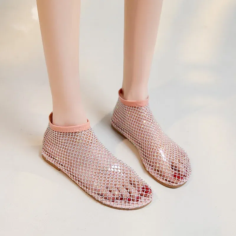 Color: black, Shoe Size: 37 - Women Summer New Fashion Mesh Luxurious Rhinestone Designer Simple Solid Color Sandals Daily Versatile Round Toe Womens Sandal
