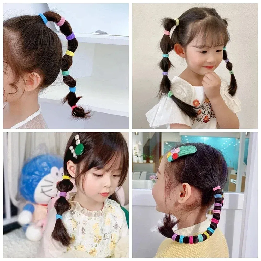 Color: Yellow - 100PCS Colorful Basic Nylon Ealstic Hair Ties for Girls Ponytail Hold Scrunchie Rubber Band Kid Fashion Hair Accessories