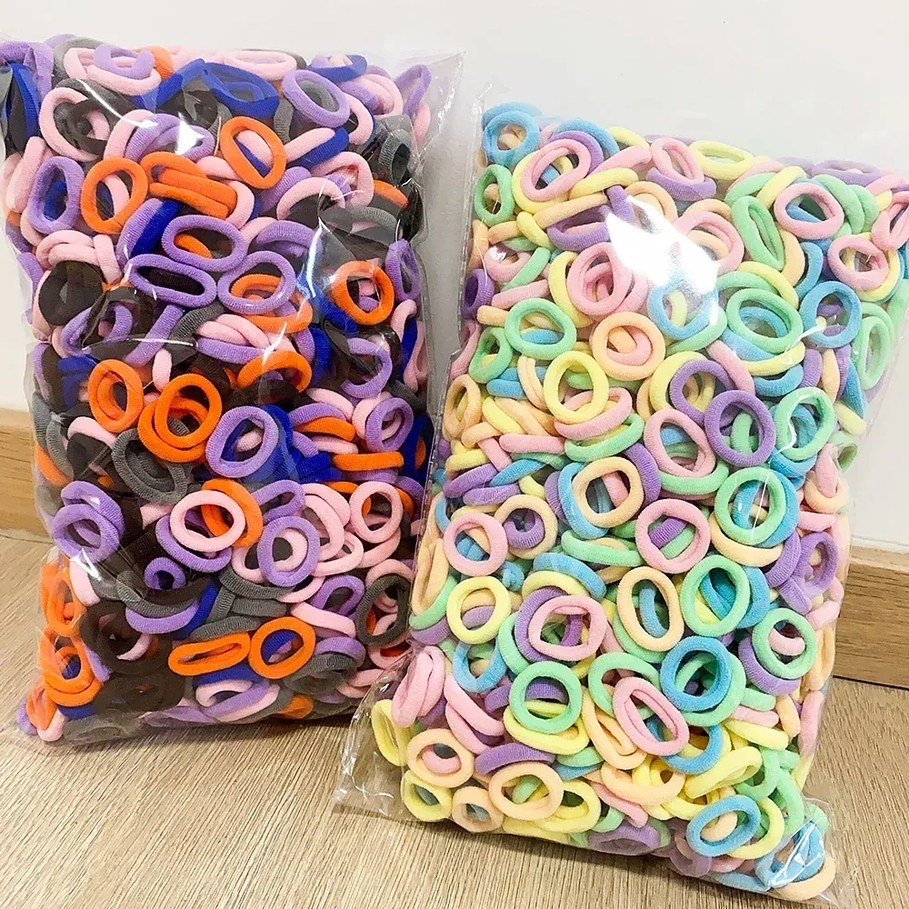 Color: Yellow - 100PCS Colorful Basic Nylon Ealstic Hair Ties for Girls Ponytail Hold Scrunchie Rubber Band Kid Fashion Hair Accessories