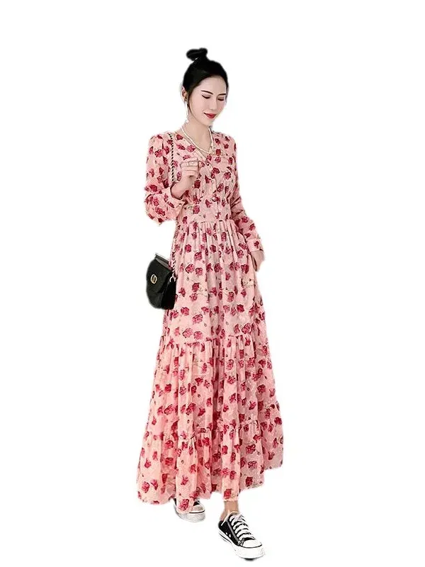 Color: black, Size: L - Chiffon floral dress 2024 spring/summer new high waisted slimming knee length skirt light luxury French style large skirt 3FWF