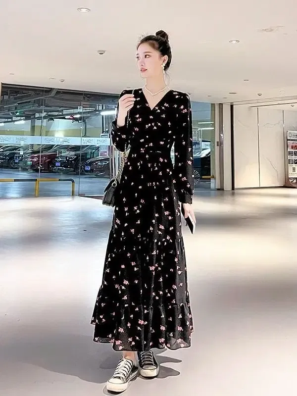 Color: black, Size: L - Chiffon floral dress 2024 spring/summer new high waisted slimming knee length skirt light luxury French style large skirt 3FWF