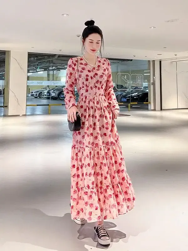 Color: black, Size: L - Chiffon floral dress 2024 spring/summer new high waisted slimming knee length skirt light luxury French style large skirt 3FWF