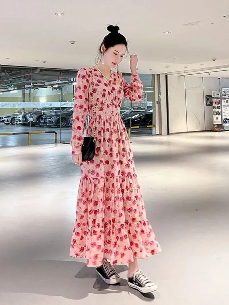 Color: black, Size: L - Chiffon floral dress 2024 spring/summer new high waisted slimming knee length skirt light luxury French style large skirt 3FWF