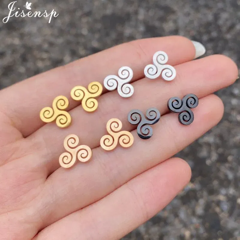 Metal Color: Green, Main Stone Color: Black - Cartoon The Movie Teen Wolf Triskele Triskelion Inspired Earrings Punk Stainless Steel Jewelry Triple Spiral Ear Studs Women Men