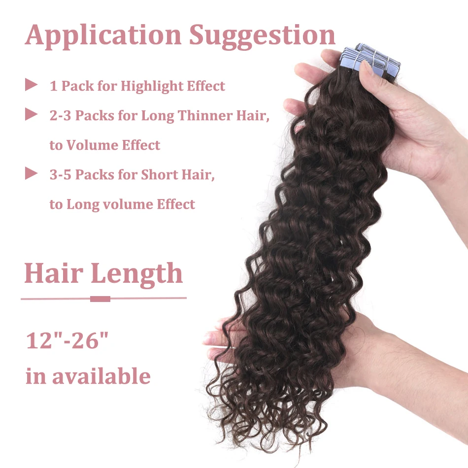 Color: #2, Length: 12 inches, Items per Package: 40 pcs - Water Wave Tape in Human Hair Extensions 2g/pcs Dark Brown Real Human Hair Adhesive Invisible Keratin Hair Extensions for Women