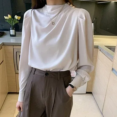 Color: Beige, Size: M, Ships From: CHINA - Spring Autumn Elegant Office Women Shirt Mujer Chic Satin Formal Lantern Sleeve Blouse Tops Loose Pullover Jumper Street Clothes