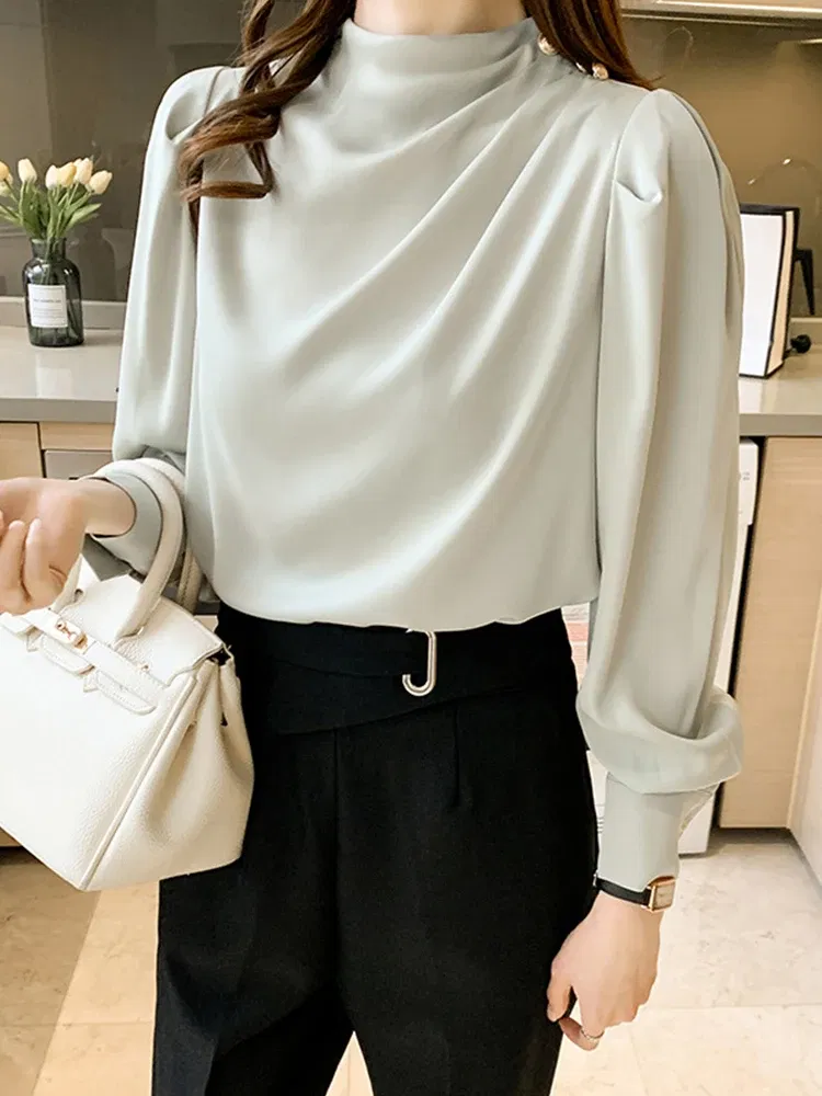 Color: Beige, Size: M, Ships From: CHINA - Spring Autumn Elegant Office Women Shirt Mujer Chic Satin Formal Lantern Sleeve Blouse Tops Loose Pullover Jumper Street Clothes