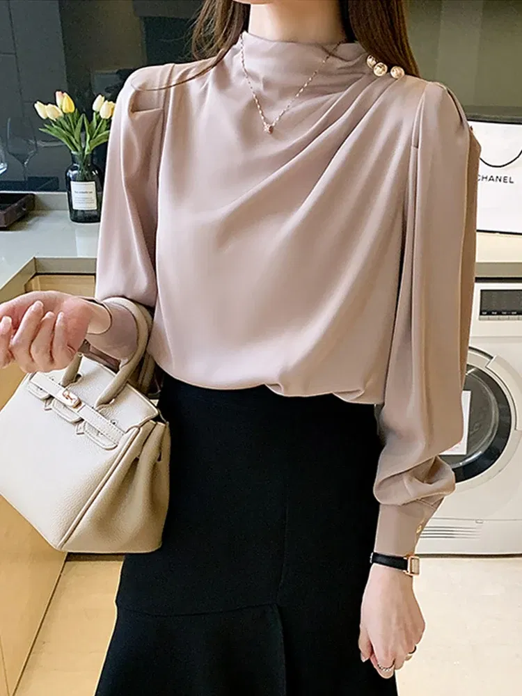 Color: Beige, Size: M, Ships From: CHINA - Spring Autumn Elegant Office Women Shirt Mujer Chic Satin Formal Lantern Sleeve Blouse Tops Loose Pullover Jumper Street Clothes