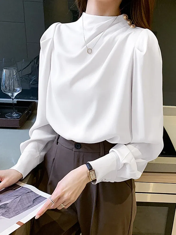Color: Beige, Size: M, Ships From: CHINA - Spring Autumn Elegant Office Women Shirt Mujer Chic Satin Formal Lantern Sleeve Blouse Tops Loose Pullover Jumper Street Clothes